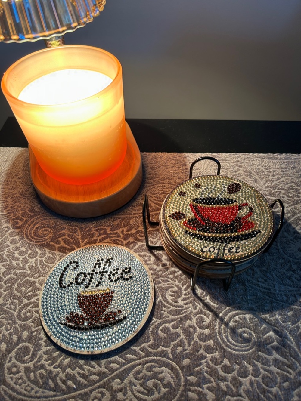 Embellished Coffee Coasters Set - Red & Brown Rhinestone Design